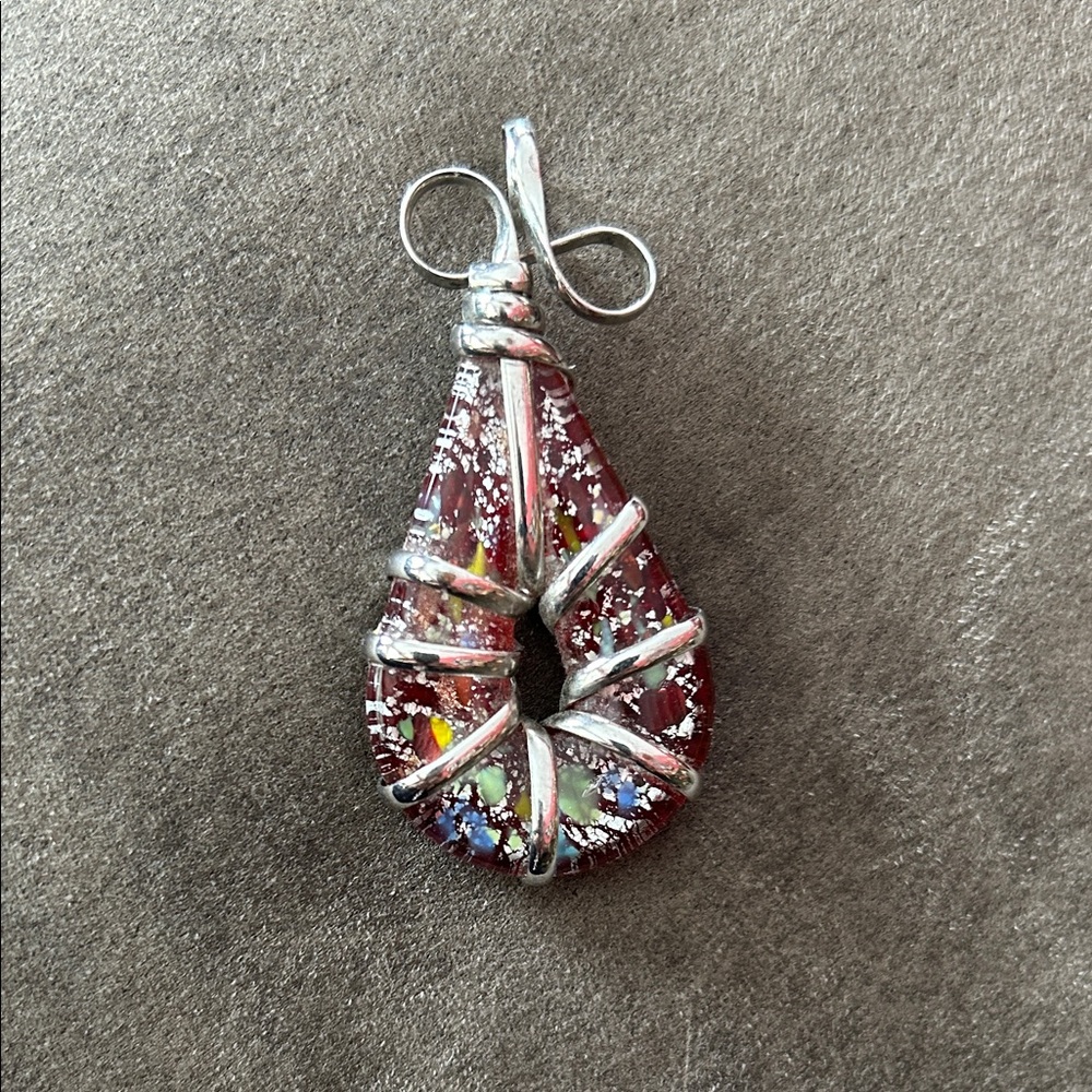 Large Murano Glass Teardrop Pendant Wrapped In Sterling 3”.